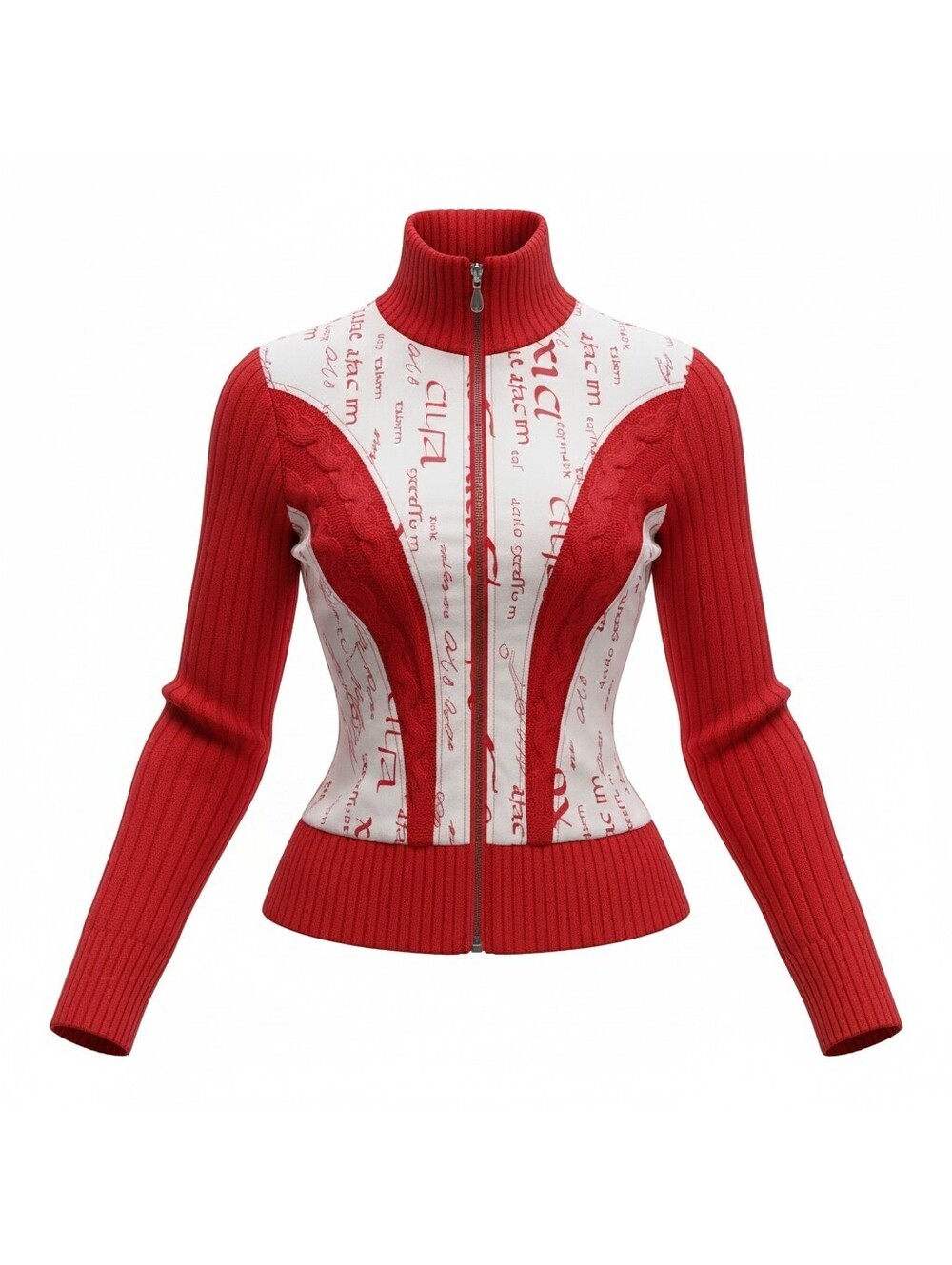 VINTAGE Y2K RED CABLE KNIT & TEXT PRINT ZIP-UP JACKET